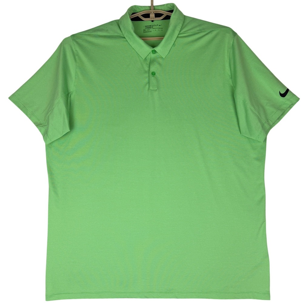 Nike Golf Polo Mens 2XL Green Stripe Dri-FIT Standard Fit Stretch Swoosh XXL